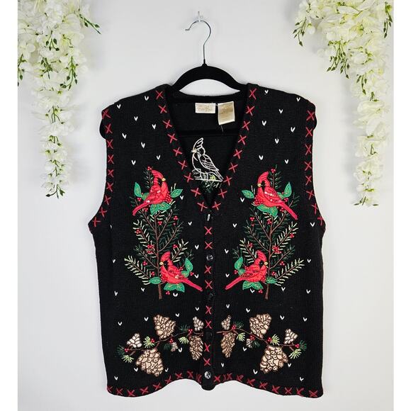 Vintage Bobbie Brooks Christmas Sweater Vest Embroidered Cardinals Large Holiday - Picture 1 of 11